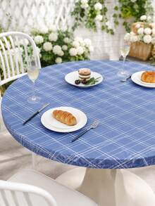 1pc-Blue Plaid Round Elastic Fitted Table Cover, Classic Checkered Stretch Polyester Tablecloth With Elastic Edge, Washable Snug Fit Table Cover For Patio Poolside Dining, Kitchen, Picnic, Indoor Outdoor Use - Multicolor - View 14