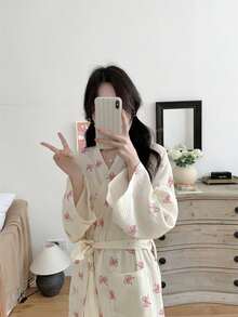 1pc Women's Bathrobe Morning Robe European & American Minimalist Long Sleeve Sleepwear Spring/Autumn New Sweet Cute Small/Large Size Pink Bowknot Full Body Long Sleeve Thin Solid Color Pajamas Homewear Maillard - Pink Bow - View 4
