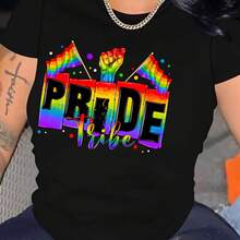 Round Neck T-Shirt With Rainbow And Alphabet Design For Spring And Summer - Black - View 2