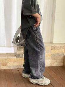 Boys' Fashion Stone Washed Casual Wide Leg Loose Black Denim Jeans - Black - View 5