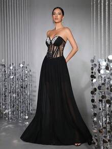 New Sexy Women's Handmade Pearl & Rhinestone Embellished Sheer Mesh Patchwork Off-Shoulder Sleeveless Backless 100-Pleat Maxi Dress - Black - View 8