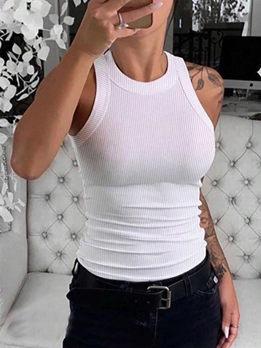 Solid Color Crew Neck Tank Top With A Fitted Silhouette - White - View 1