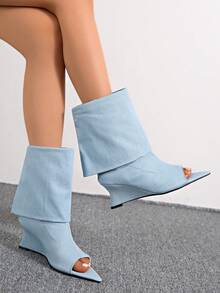 2026 New Kitten Heel Pleated Long Slouch Boots Pointed Toe Over-The-Knee High Shaft Boots Retro Wide Leg Rider Boots - Baby Blue - View 5