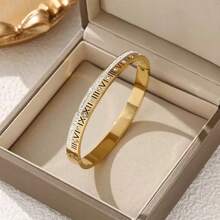 1pc Single Row Full Rhinestone 6mm Roman Letter Bracelet, Stainless Steel Vacuum Plated, Luxury Versatile Open Cuff - Multicolor - View 6