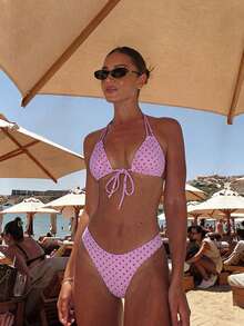 Conjunto de bikini de 2 piezas para mujer 2026, rosa y morado con lunares oscuros, top de copa triangular con lazo, braguita triangular, atuendo sexy para vacaciones en la playa - Lila Púrpura - Ver 9