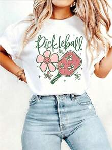 Seamless Pickleball Print T-Shirt Soft Short Sleeve Round Neck Top With Pickleball Racket And Ball Design, Loose Fit Casual Summer Vibrant - White - View 1