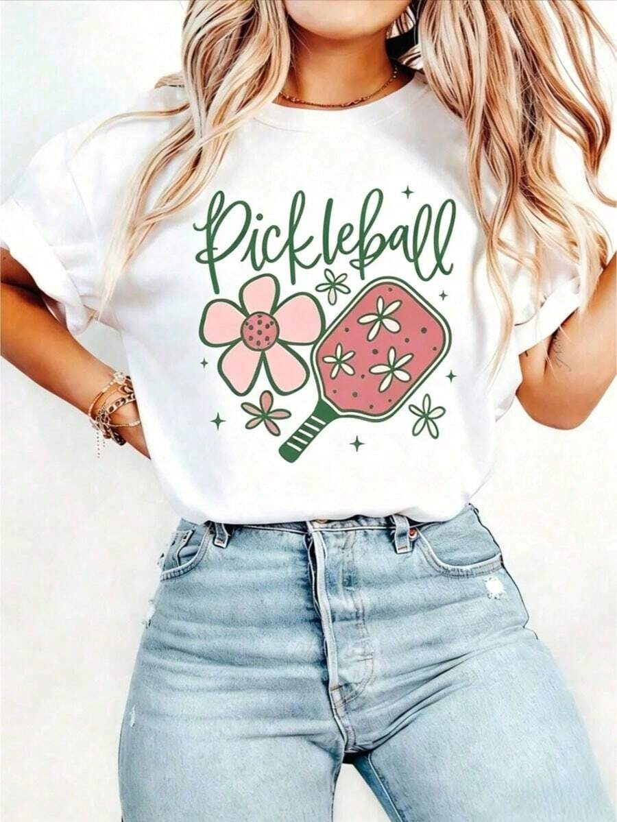 Seamless Pickleball Print T-Shirt Soft Short Sleeve Round Neck Top With Pickleball Racket And Ball Design, Loose Fit Casual Summer Vibrant - White - View 1