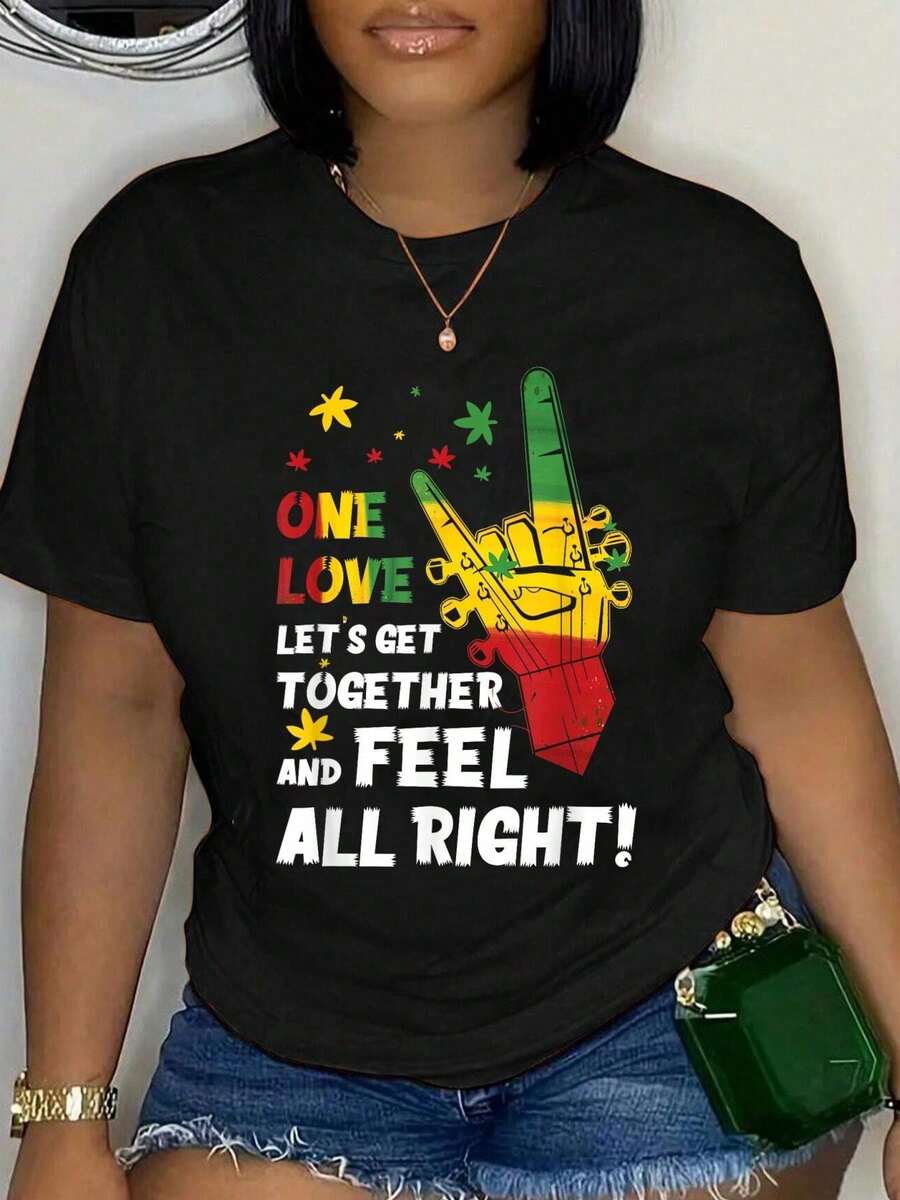 Women's Summer Short Sleeve T-Shirt, Plus Size, Y2K Style, 100% Cotton, Reggae, Good Vibes Only Jamaica One Love Rast A, For Women And Men, Loose Fit, Comfortable And Soft - 黑色 7 - 查看 1