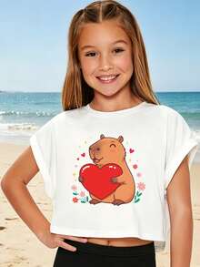 Summer Pure Cotton Girls' Rolled Sleeve Short T-Shirt, Cute Capybara Graphic Print, Soft Breathable Loose Fit Comfortable - White - View 2
