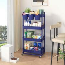 3 Tier Plastic Rolling Storage Cart With Extra Hanging Cups Handles Lockable Wheels For Living Room Bathroom Kitchen Office White - Blue - View 4