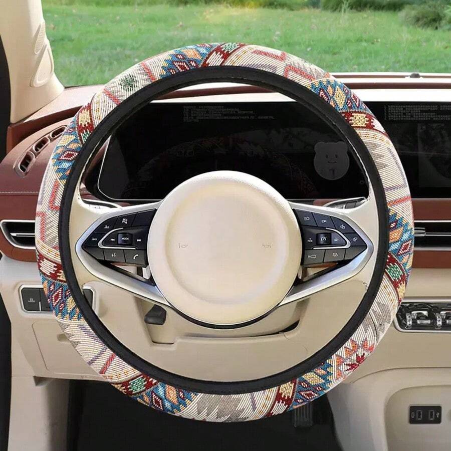 1 pieza Funda de volante de coche de malla transpirable bordada multicolor sin anillo interior, se adapta a accesorios de interior de coche de 15 pulgadas, unisex, para todas las estaciones