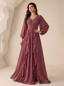 SUPGIR V-Neck Chiffon Lantern Sleeve Dress With Pleated Chest And Waist Trim, Floral Decor And Flared Skirt - Redwood - View 4