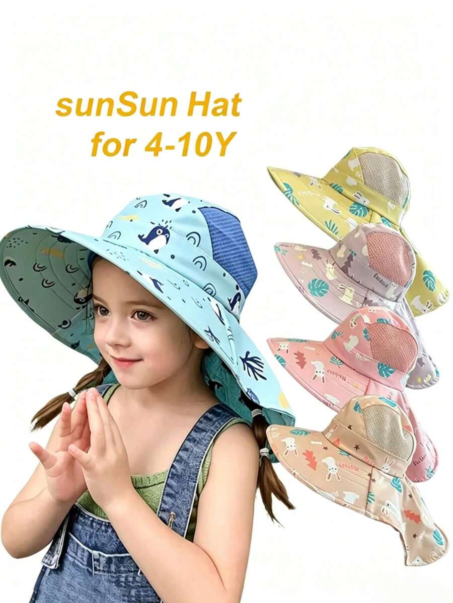 4-10 Years Old Children's Shawl Hat, With Whistle Design, Breathable And Comfortable, Adjustable, Suitable For Outdoor Beach Travel (Whistle Color Random) - 1PC - View 1