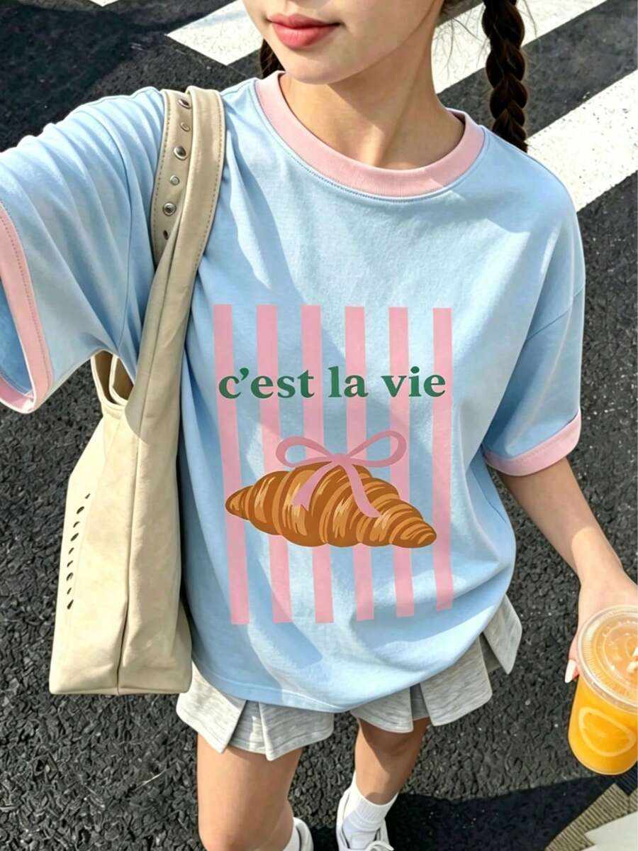 1pc Tween Girl Printed Short Sleeve T-Shirt, Student Youth Clothing, Summer Gift For Kids - Baby Blue - View 1