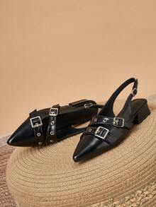 Women's Flat Pointed Toe Studded Chunky Low Heel Closed Toe Slippers College Style Mule Shoes - Black - View 3