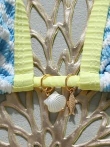 Vacation Textured Striped Halter Bikini Set Contrast Binding Pearl Accent Two Pieces Bathing Suit - Multicolor - View 4