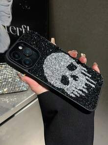 1pc Silver Ghost Face Skin-Feel Rhinestone Shockproof 2-In-1 Phone Case Compatible With 15promax/17promax - Silver - View 5