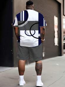 2pcs/Set Plus Size Big & Tall White, Blue & Gray Geometric Patchwork Top + Gray Shorts, American Street Minimalist Colorblock Geometric Print Outfit Summer Sports - Blue - View 2