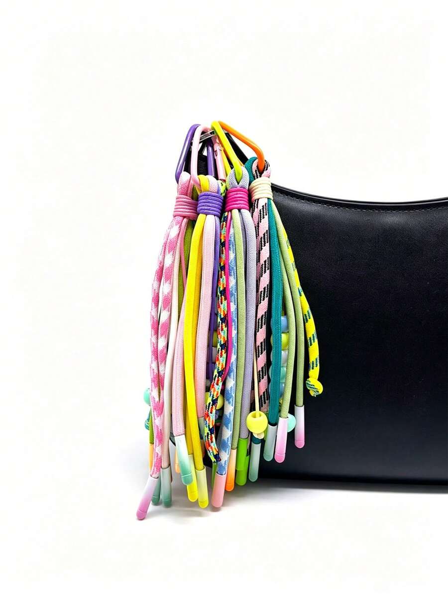 1pc Colorful Braided Rope Tassel Bag Charm, Macaron Beaded Keychain, Dopamine Style Decorative Pendant For Bags & Keys - Multicolor - View 1