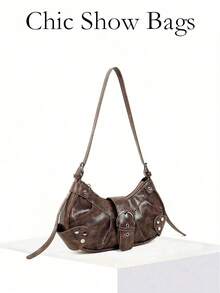 2025 Fashion Hot Y2K Rivet Motorcycle Bag, Vintage European Style Zipper Shoulder Bag, Oil Texture Design, Exquisite Appearance - Coffee - View 11