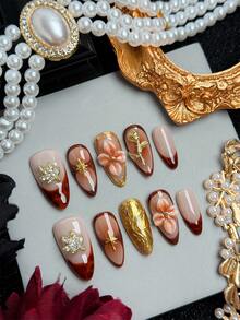 10 piezas de pegatinas de uñas prensadas de estilo francés con estampado de leopardo hechas a mano, arte de uñas dorado, uñas acrílicas prensadas de color marrón, adecuadas para el uso diario de las mujeres - Marrón - Ver 4