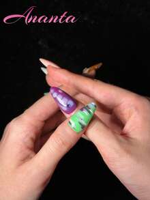 10pcs Almond Shaped Nail Stickers, Handmade, Premium Quality, Rhinestone Embellished, French Manicure, Hand-Painted Gradient, Asymmetrical Hand-Drawn Lines, Colorful Design, Acrylic Nails, Press-On Nails, Suitable For Party, Wedding, Daily Wear, Includes Tool Kit, Suitable For Girls And Women - Multicolor - View 5