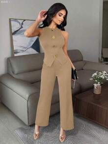 Women Denim Dresses - Khaki - View 1