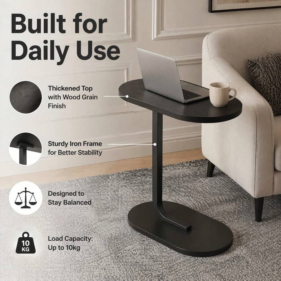 C-Shaped Sofa Side End Table – Compact Laptop Table For Living Room & Bedroom, Height Adjustable Couch Desk For Coffee, Snacks & Work – UK - Black - View 1