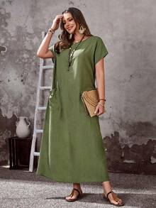 Vestido casual de manga corta con cuello redondo y bolsillo para mujer talla grande, primavera - Verde militar - Ver 7
