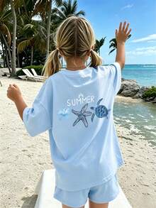 1 buah Kaos Lengan Pendek Bergambar untuk Anak Perempuan Remaja, Pakaian Pelajar/Remaja, Hadiah Musim Panas - Baby Blue - View 2