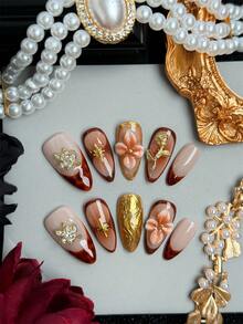 10 piezas de pegatinas de uñas prensadas de estilo francés con estampado de leopardo hechas a mano, arte de uñas dorado, uñas acrílicas prensadas de color marrón, adecuadas para el uso diario de las mujeres - Marrón - Ver 3