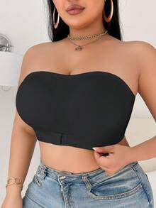 1 pieza Sujetador Bandeau Sexy con Cierre Delantero Talla Grande, Sujetador Negro sin Tirantes sin Costuras con Elevación Push-Up y Soporte Lateral - Negro - Ver 5