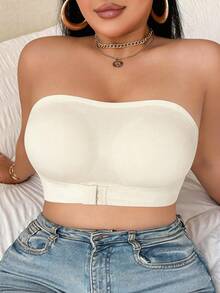 1pc Sexy Front Closure Plus Size Bandeau Bra, Push-Up Side-Support Seamless Strapless Bustier Bra In Apricot - Apricot - View 6