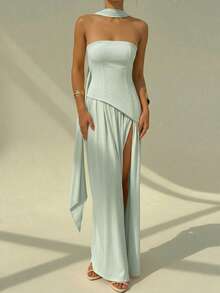 Solid Color Elegant Strapless Wedding Dress With Bolero Detail - Green - View 7