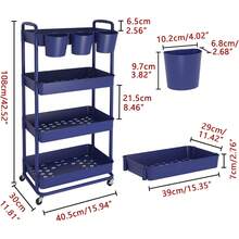 3 Tier Plastic Rolling Storage Cart With Extra Hanging Cups Handles Lockable Wheels For Living Room Bathroom Kitchen Office White - Blue - View 2