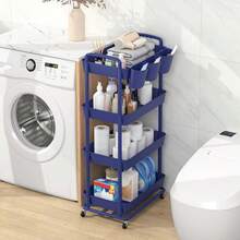 3 Tier Plastic Rolling Storage Cart With Extra Hanging Cups Handles Lockable Wheels For Living Room Bathroom Kitchen Office White - Blue - View 3