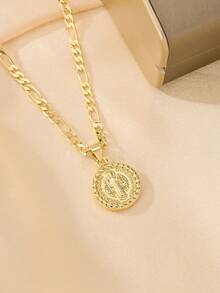 1PC Religious Vintage Style St. Benedict Necklace, Made Of 14k Gold Plated Copper, Paired With 50cm Figaro Chain, Priest Image St. Benedict Pendant, Exquisite Craftsmanship And Outstanding Texture, Suitable For Men And Women, Perfect For Daily Wear, Church Services, And Holiday Gifts. - Yellow Gold - View 8