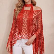 2PCS Women's Fashion Hollow Out Sun Protection Shawl And Scarf Set, Tassel Design Pullover Beach Cover-Up, Suitable For Casual Outings, Parties, Beach Vacations, Hand Washable, Perfect Holiday Outfit - Multicolor - View 7