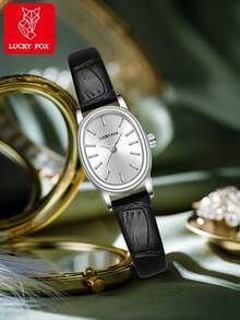 LUCKYFOX 1pc Luxury Oval Small Dial Women's Brushed Face Black PU Leather Strap High-End Quartz Watch For Daily Wear And Gift - Black - View 1