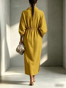 Solid Color Collared Half-Button Cinched Waist Shirt Dress, Loose Drop Shoulder Long Sleeve Side Pocket Slit Lazy Commute Long Knee-Length Elegant - Mustard Yellow - View 2