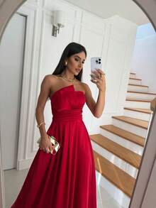 Elegant Women's Long Strapless Dress, A-Line Silhouette, With Draping At The Waist, Ideal For Prom Or Parties. - 紅色 - 查看 4