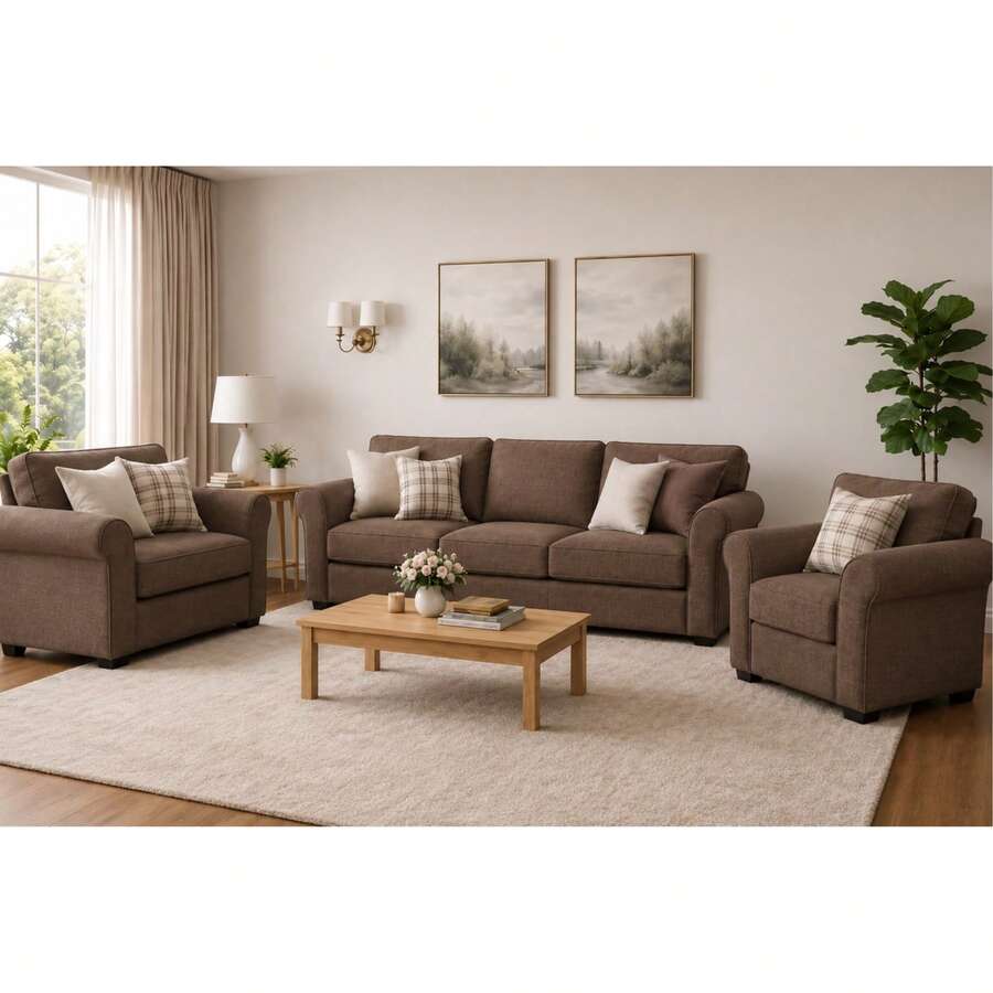 3-Piece Stretch Elastic Sofa Cover Set, Complete Living Room Set - Mocha Brown - View 1