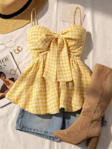 Perfect For Vacations, Graduations, Weddings, Back To School, With A Retro Vibe, Parties, Lunches, Casual And Cute Summer Wear, Romantic And Country Style, Textured, Loose And Comfortable, With A Loose Hem - 黃色 - 查看 1
