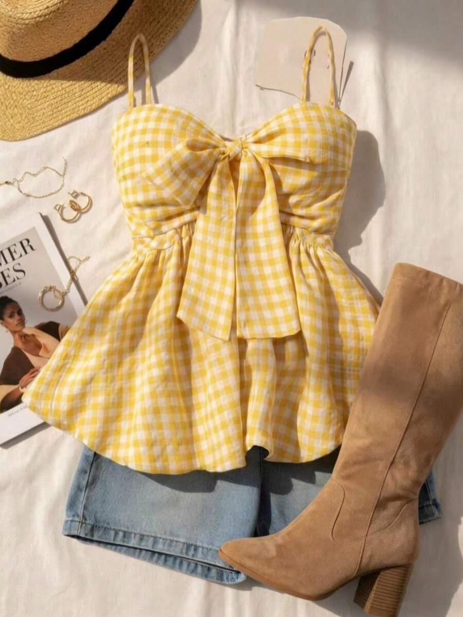 Perfect For Vacations, Graduations, Weddings, Back To School, With A Retro Vibe, Parties, Lunches, Casual And Cute Summer Wear, Romantic And Country Style, Textured, Loose And Comfortable, With A Loose Hem - 黃色 - 查看 1