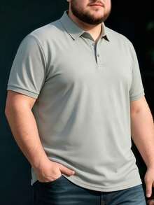 Men's Plus Size Solid Color Short Sleeved Polo Shirt, Button Up Half Open Top, Soft And Breathable Loose Casual Business Golf T-Shirt - Light Grey - View 1