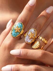 4pcs/2pcs/1pc Ocean Resort Style Women's Jewelry Ring, Blue Crushed Seashell Non-Fading Open Ring, Women's Beach Accessory - Multicolor - View 10