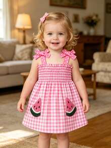 4pcs/Set Baby Girls' Camisole Strap Dress Outfit, Plaid, Fruit, Polka Dot Pattern, Suitable For Summer Outings And Vacations, The Best Gift For Granddaughter - Multicolor - View 5