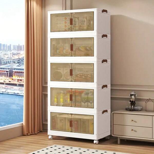 1/2/3/4/5layers Stackable Plastic Storage Boxes With Transparent Doors, Durable Foldable Design, Suitable For Kitchen And Home Organization, Multi-Purpose Folding Cabinet Boxes, Kitchen Storage Boxes And Storage Cabinets.