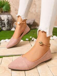 Pink Pointed Toe Flat Shoes, Pearl Metal Decor Mary Jane Flat Shoes - Pink - View 4