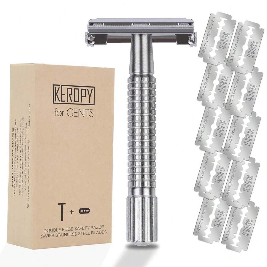 Keropy Men's Manual Double Edge Razor Set With 10 Replacement Blades, Silver Metallic Finish, Butterfly Twist Open Design, Textured Handle, Vintage Shaving Razor, Suitable For Daily Wet Shaving, Home And Travel Use - Multicolor - View 1